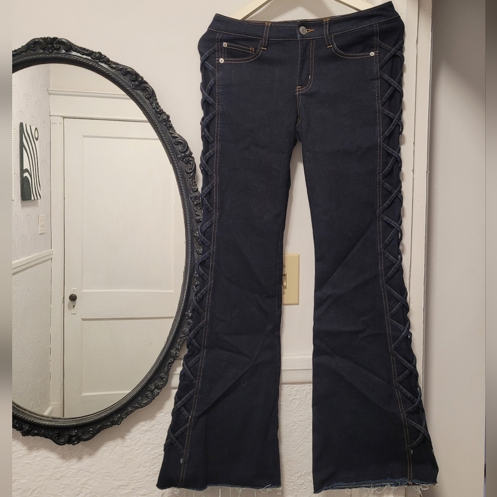 Lace-Up Low Rise Flare Jeans